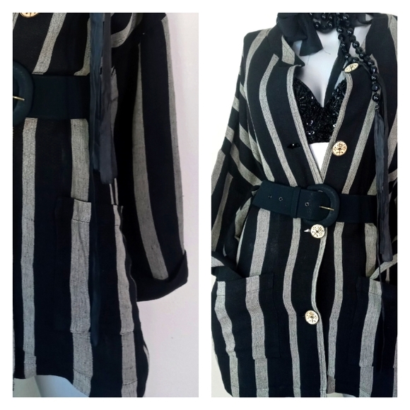 Lagenlook Oversized Pinstripe Asian Girl Wooden Buttons Shacket Relaxed Dress - Picture 5 of 11